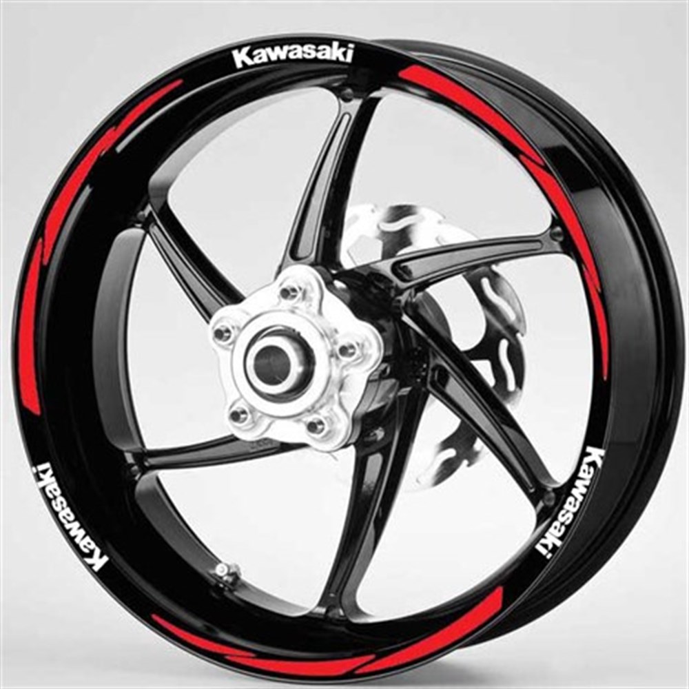 Beyaz Kırmızı Kawasaki Yazılı 3 Parçalı Reflektif Beyaz Jant Şeridi