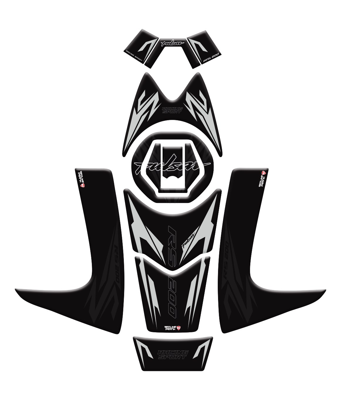 Bajaj Pulsar RS 200 New Design Siyah Gri Tank Pad Set Redline Grafik