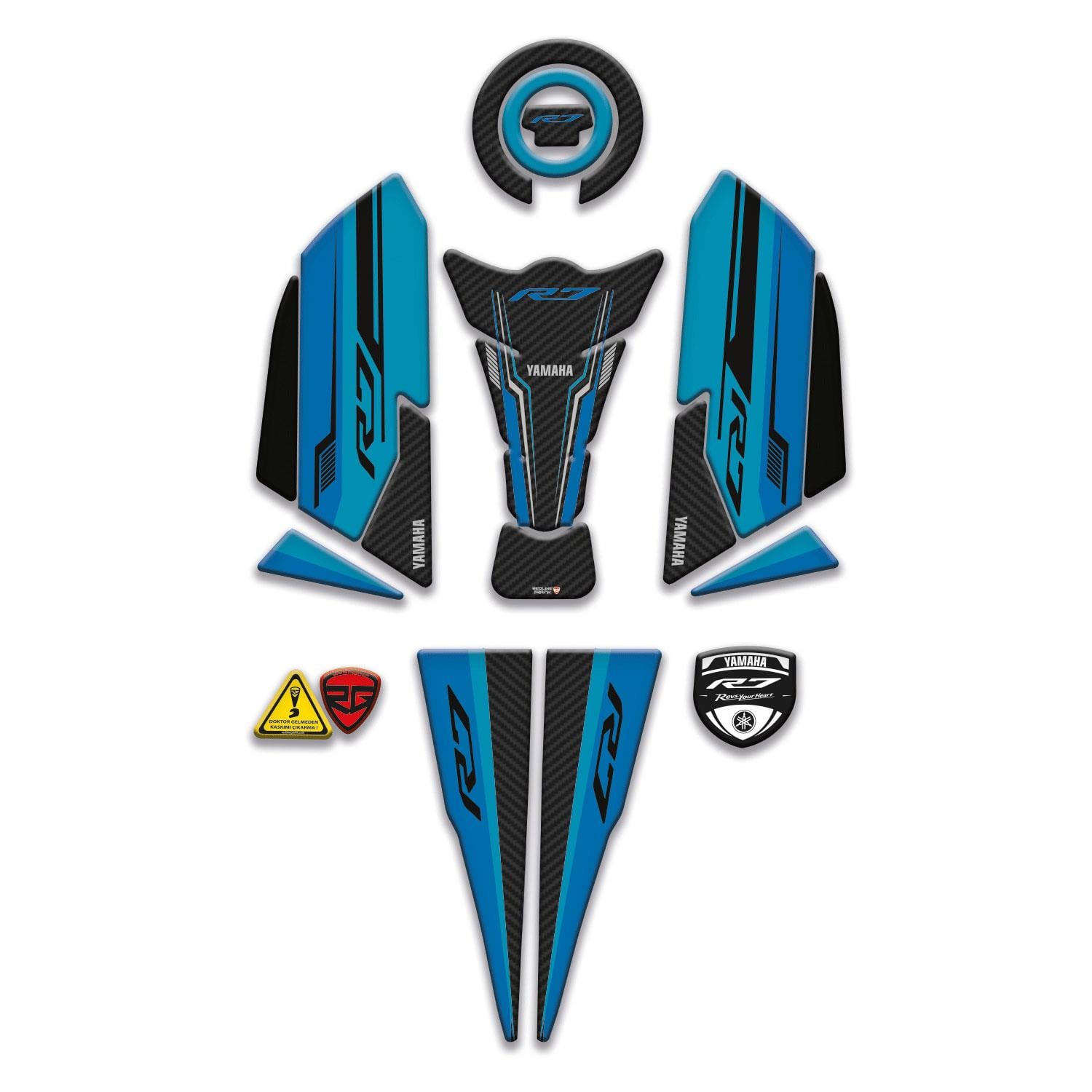 Yamaha R7 Uyumlu Tank Pad Yan Pad ve Kuyruk Seti Full Mavi Karbon Tasarım Redlinegrafik