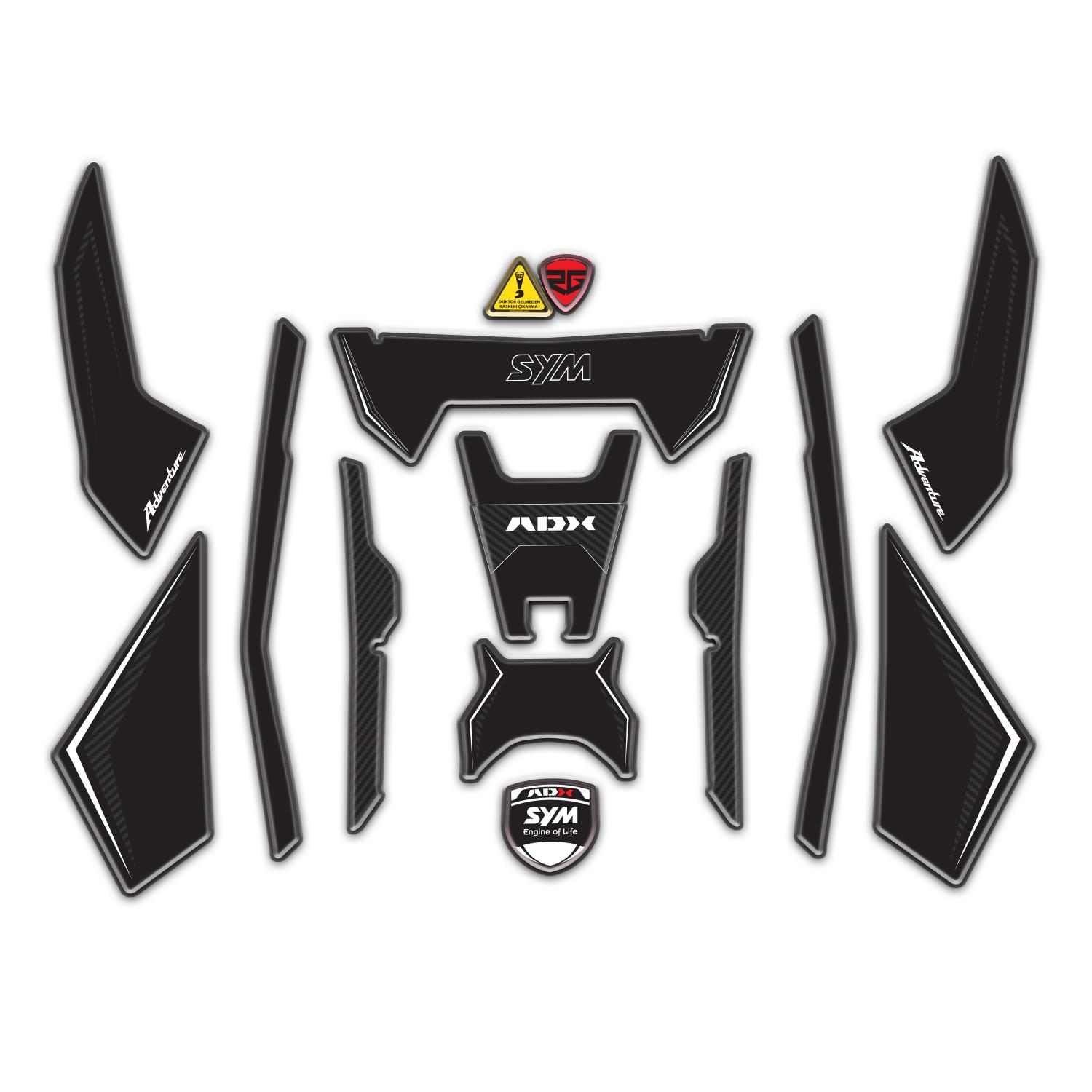 Redline Grafik SYM ADX 125 Uyumlu Tank Pad Seti Siyah Beyaz Karbon