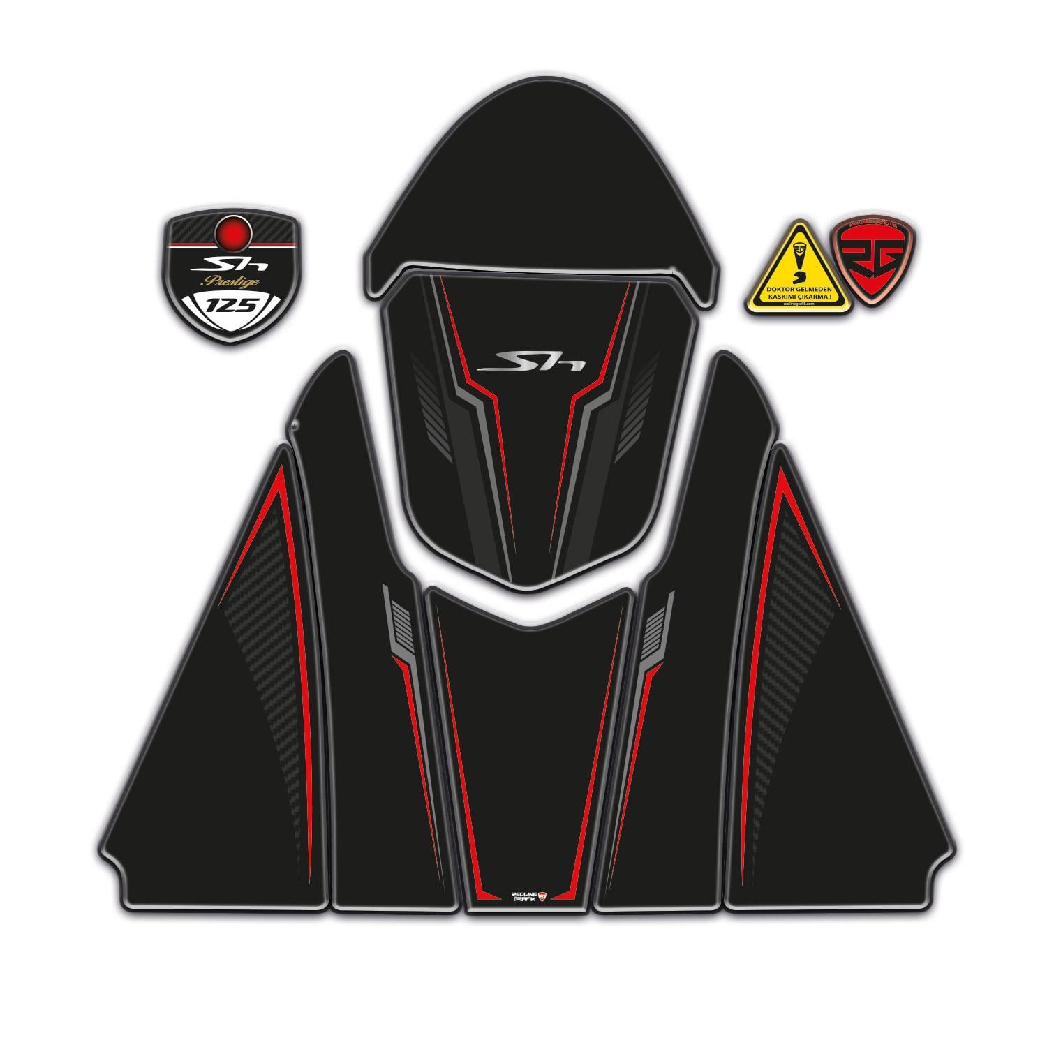 Honda SH 125 2024-2025 Uyumlu Siyah Kırmızı Tank Pad Redline Grafik