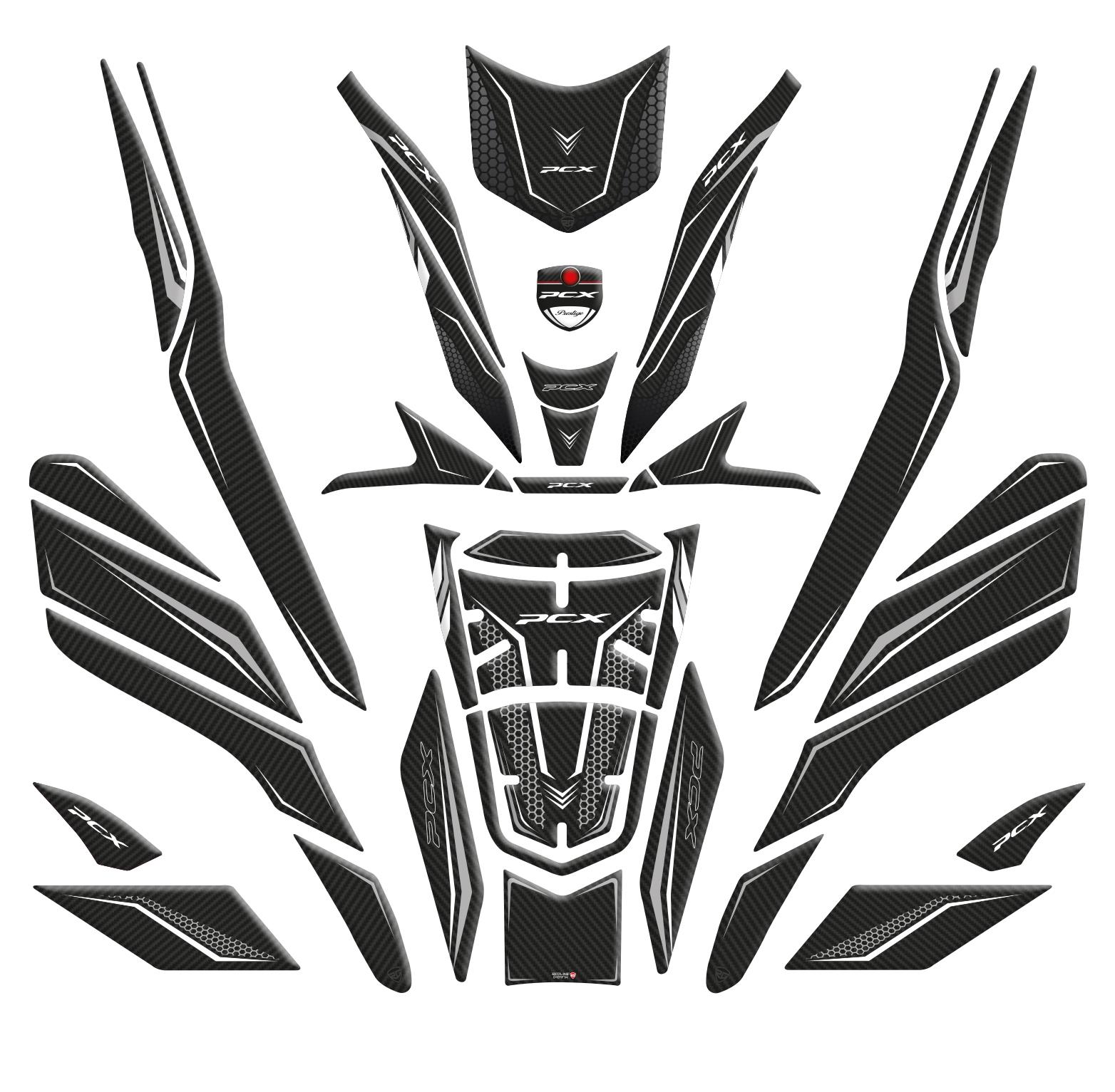 Honda PCX Uyumlu Full Tank Body Set Karbon Beyaz Redline Grafik