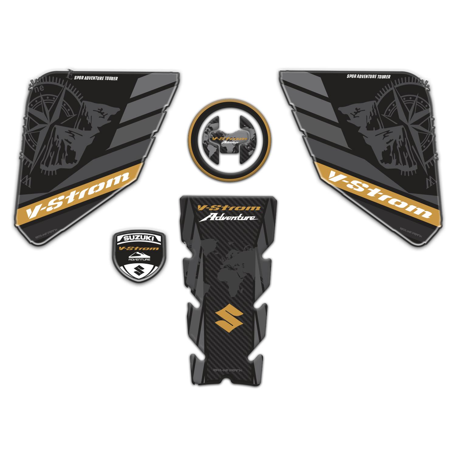 Suzukı V-Strom 650 - 650xt 2017 - 2024 Gold Siyah Uyumlu Tank Pad Set Redlinegrafik