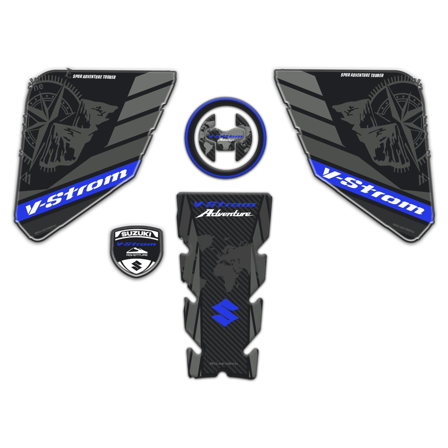 Suzukı V-Strom 650 - 650xt 2017 - 2024 Mavi Siyah Uyumlu Tank Pad Set Redlinegrafik