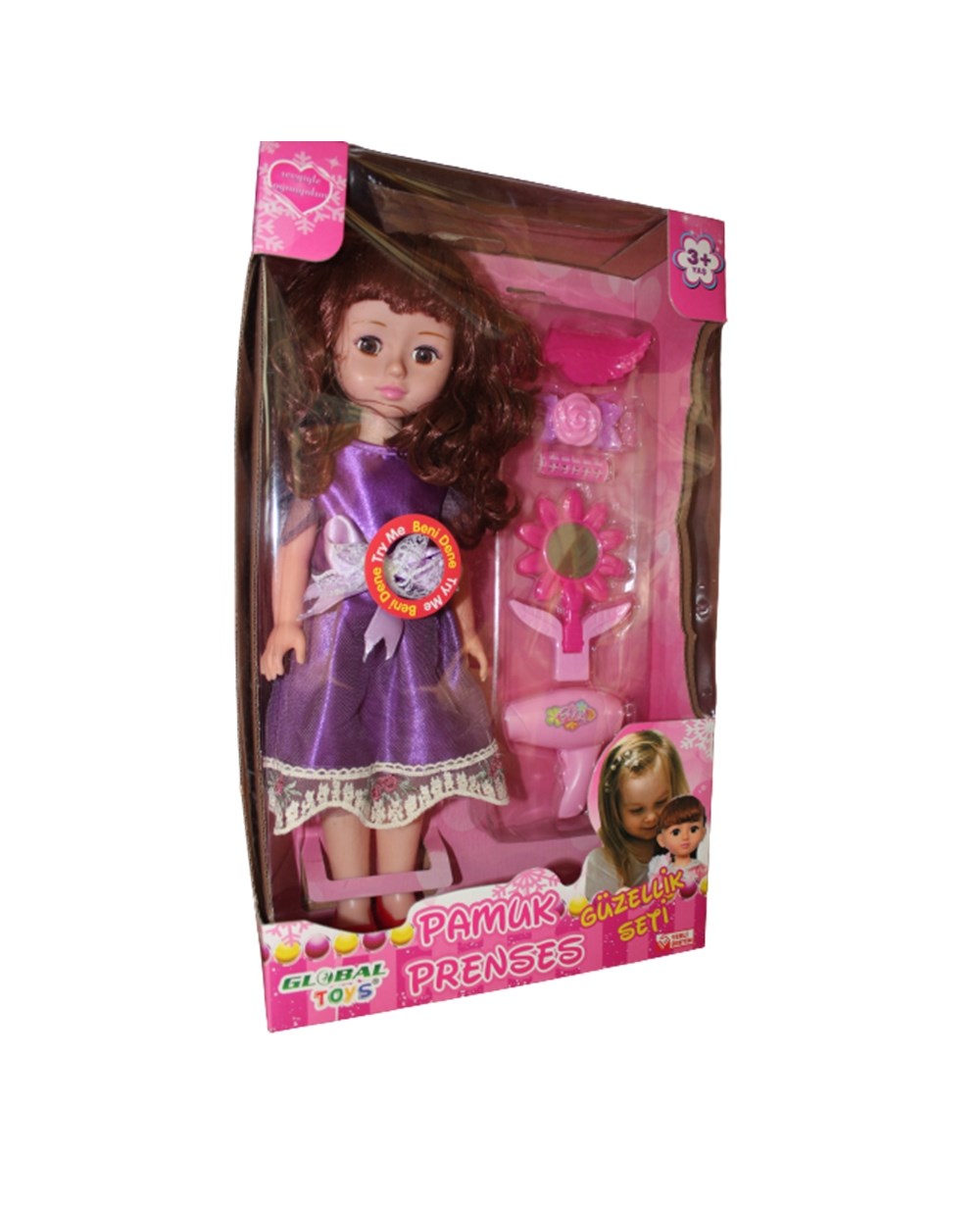 Breadcrumbut, Global Toys, Pamuk Prenses Güzellik Seti ve Bebeği 00514 Mor Elbise Kahverengi Saçlı