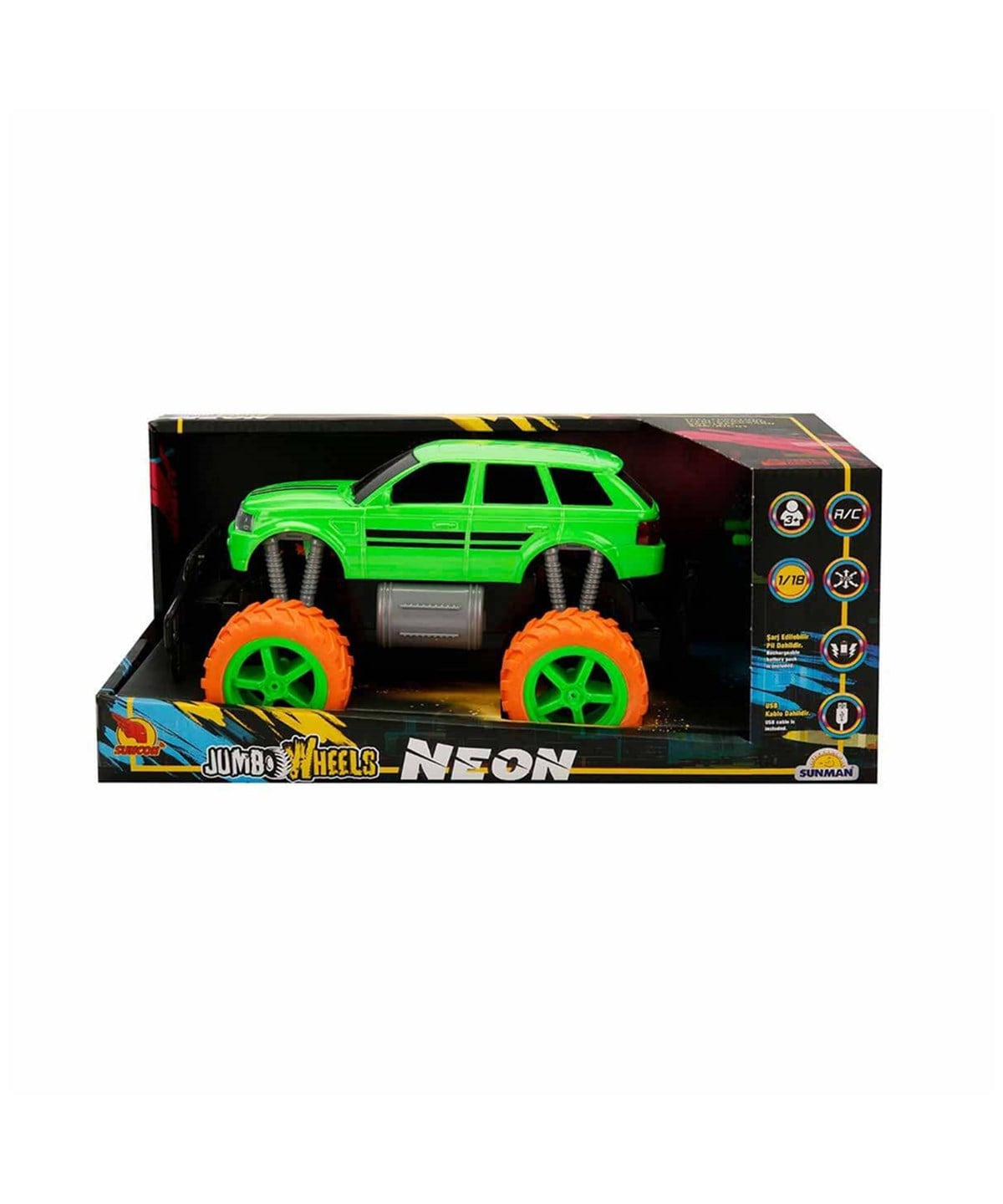 Breadcrumbut, Sunman, Suncon 1:18 Uzaktan Kumandalı Neon Jumbo Weels USB Şarjlı Araba 26 cm 32961 Orji
