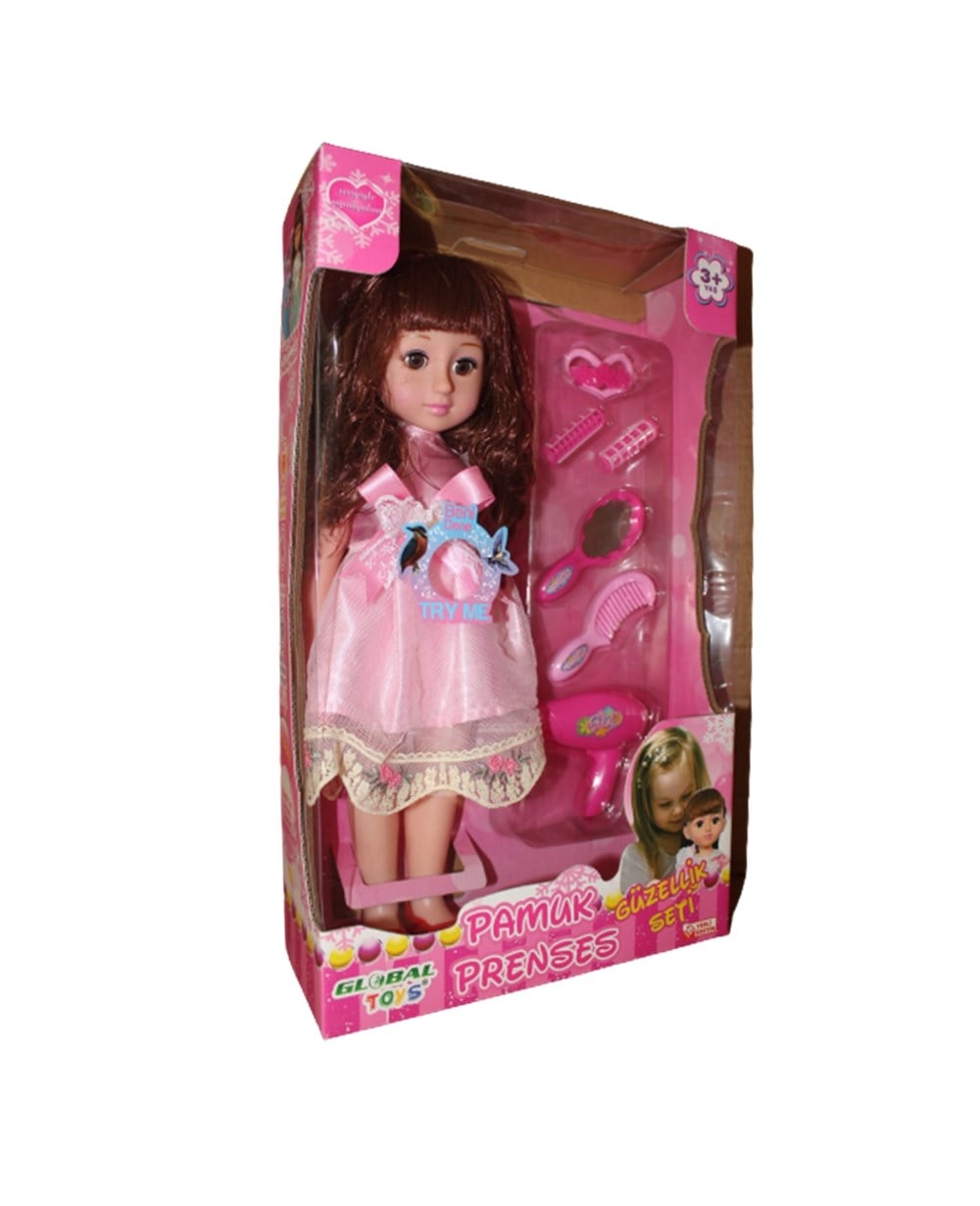 Et Bebekler, Global Toys, Pamuk Prenses Güzellik Seti ve Bebeği 00514 Pembe Elbise Kahverengi Saçlı