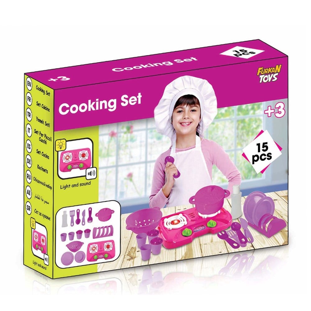 Evcilik Aksesuarları, Furkan Toys, Sesli Işıklı Mutfak Seti 15 Parça FR56549