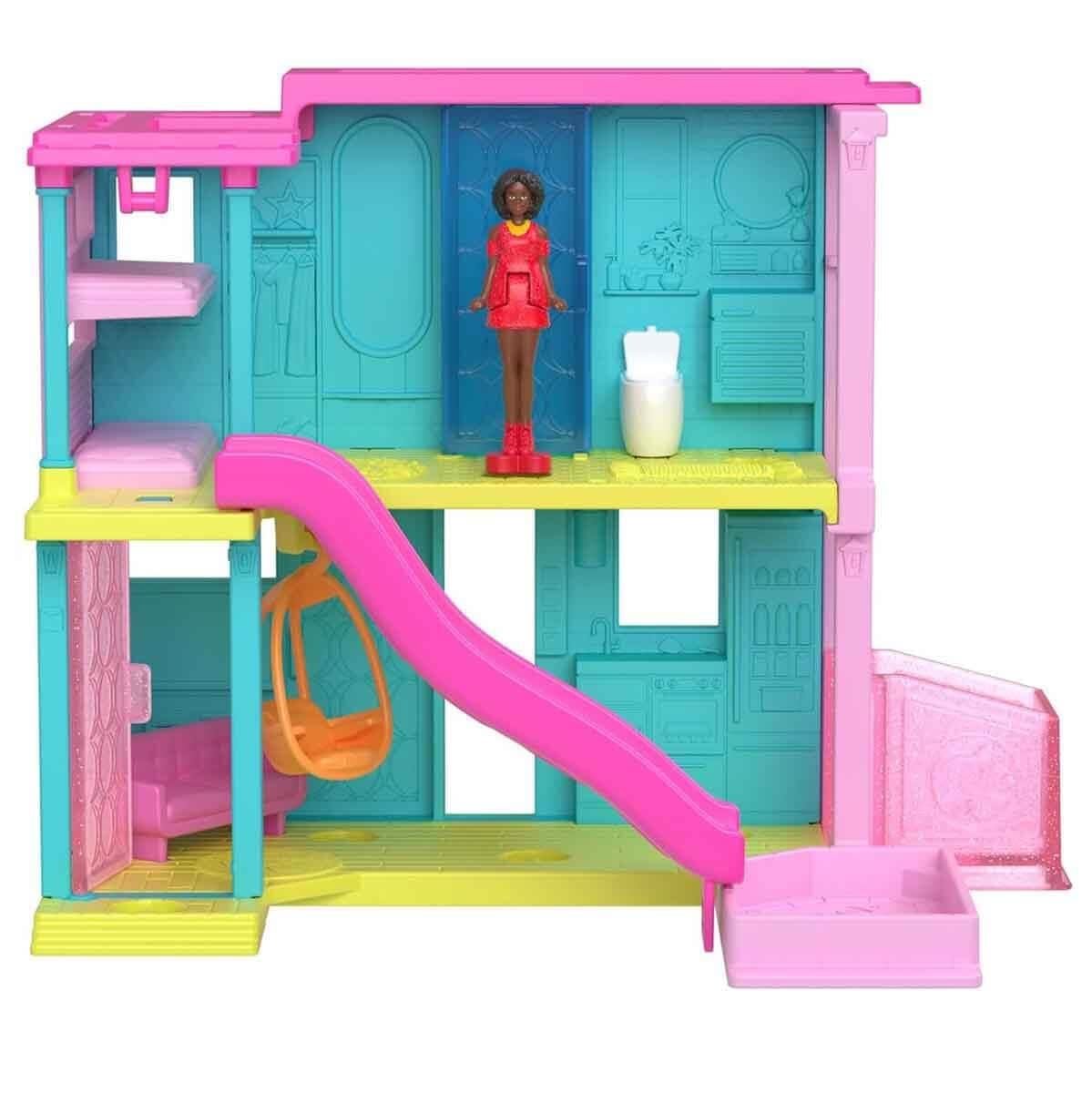 Manken Bebekler, Mattel, Mini Barbieland Evi HYF44 HFY46 Mavi Ev Pembe Kaydırak