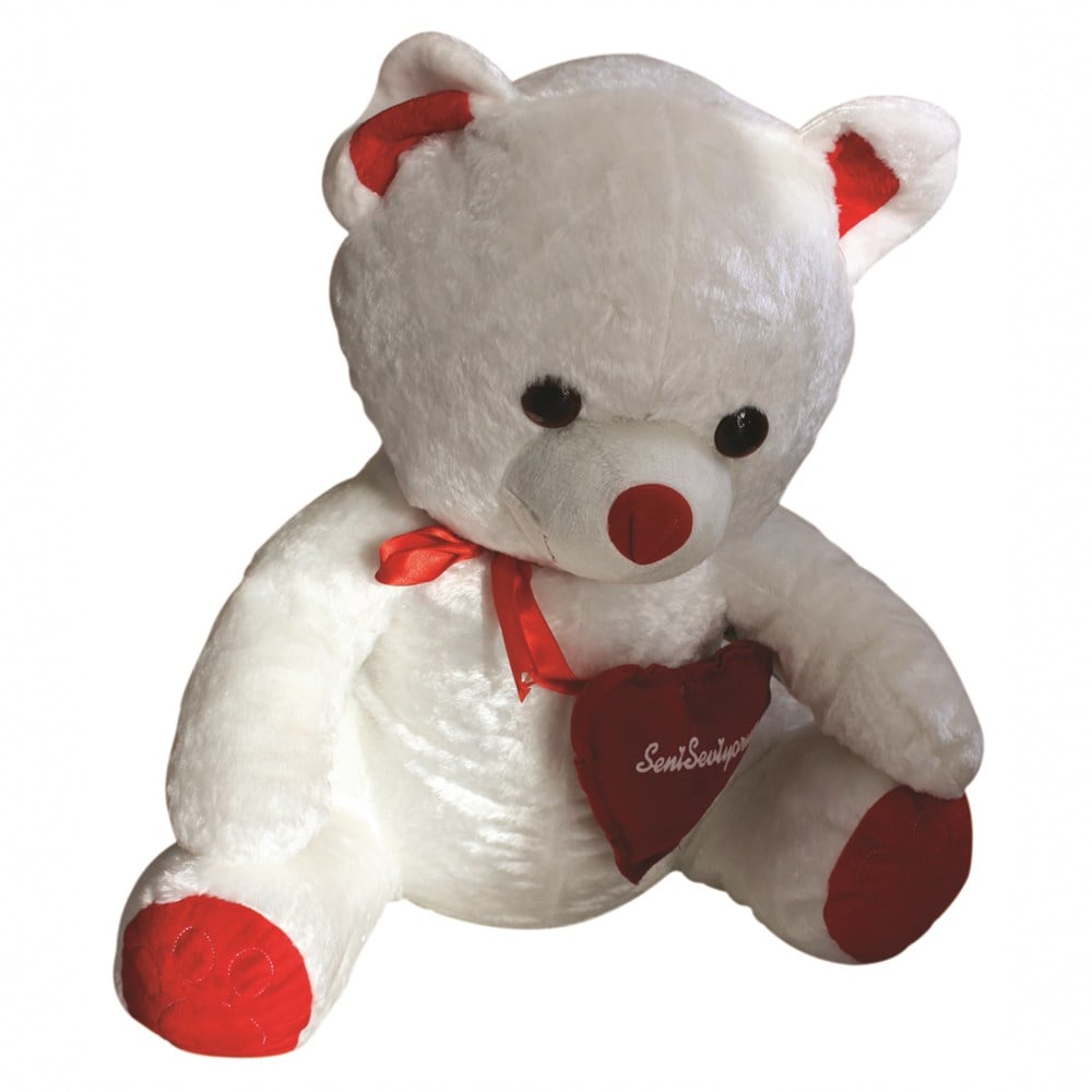 Peluş Hayvanlar, Halley, Peluş Ayı Beyaz 70cm Kalp Yastıklı
