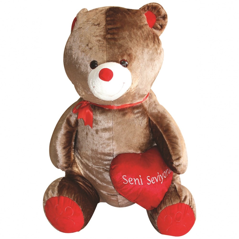 Peluş Hayvanlar, Halley, Peluş Ayı Kahverengi 100cm Kalp Yastıklı