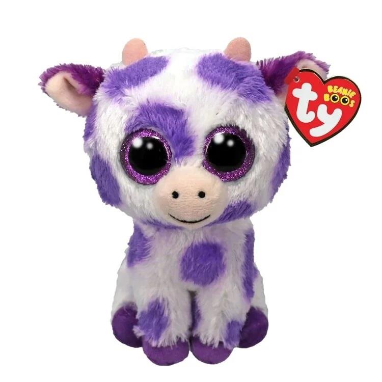 Peluş Hayvanlar, TY, TY Beanie Boos Ethel Mor Benekli İnek 15 Cm
