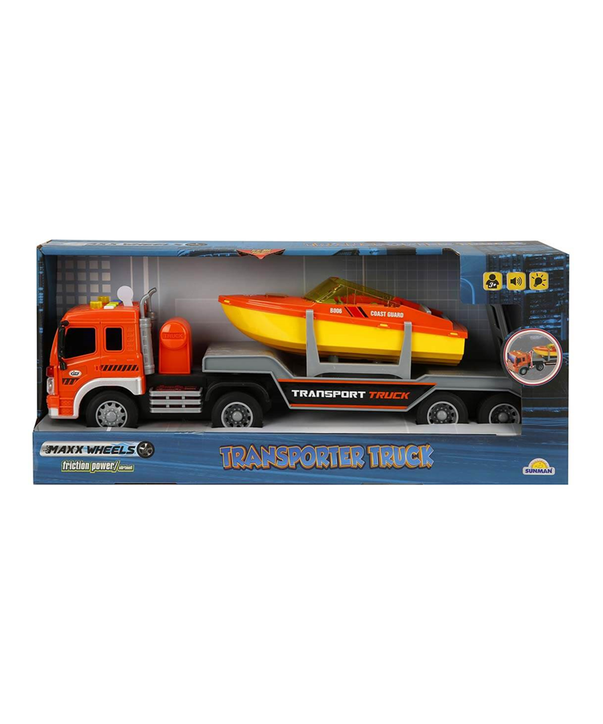 Sesli Işıklı Araçlar, Sunman, 1:16 Maxx Wheels Sesli ve Işıklı Bot Taşıyıcı Tır 38 cm 35412 Turuncu