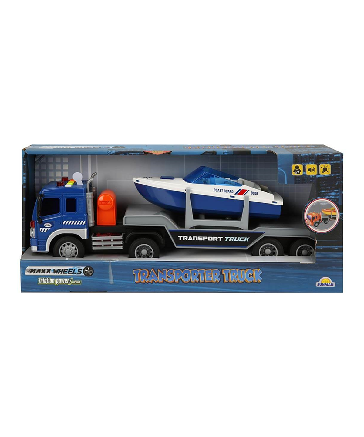 Sesli Işıklı Araçlar, Sunman, 1:16 Maxx Wheels Sesli ve Işıklı Bot Taşıyıcı Tır 38 cm 35412 Mavi
