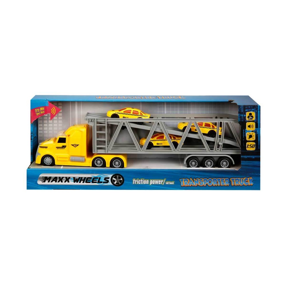 Sesli Işıklı Araçlar, Sunman, 1:50 Maxx Wheels Sesli ve Işıklı Taşıyıcı Tır Sarı Tır ve Gri Römork
