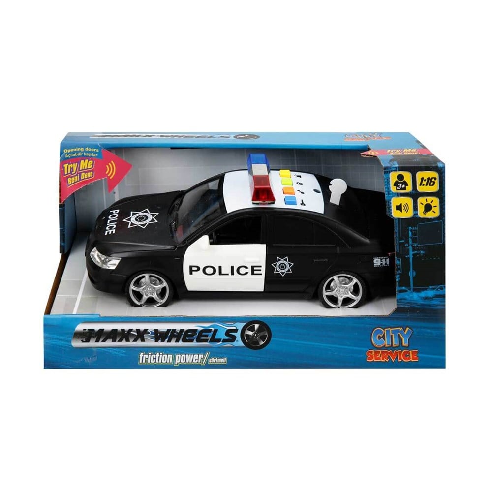 Sesli Işıklı Araçlar, Sunman, Maxx Wheels 1:16 Sesli ve Işıklı Oyuncak Araba Siyah Polis Arabası 05601