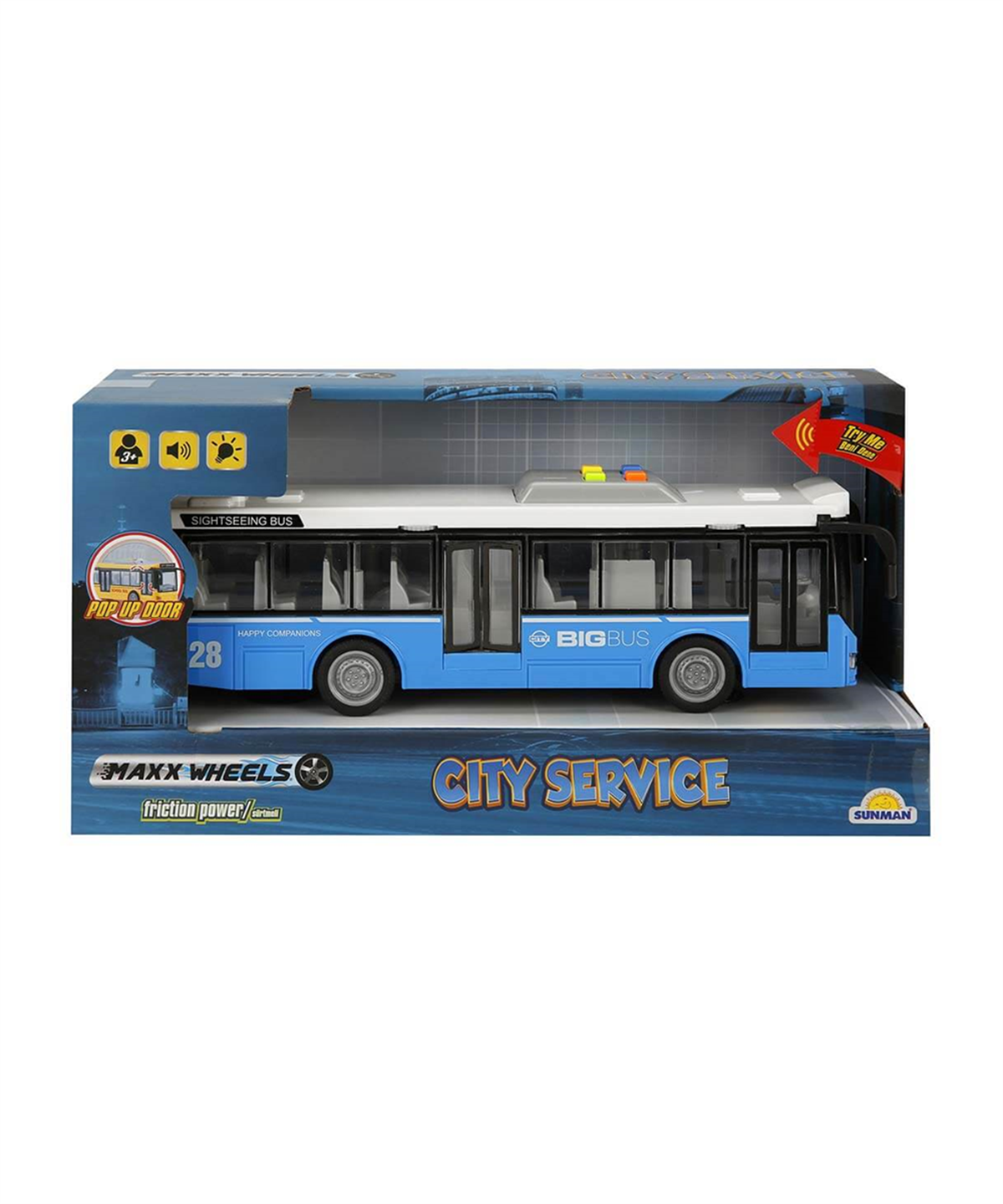 Çek-Bırak ve Sürmeli Arabalar, Sunman, 1:16 Maxx Wheels Sesli ve Işıklı Şehir Otobüsleri 26 cm 35375 Mavi