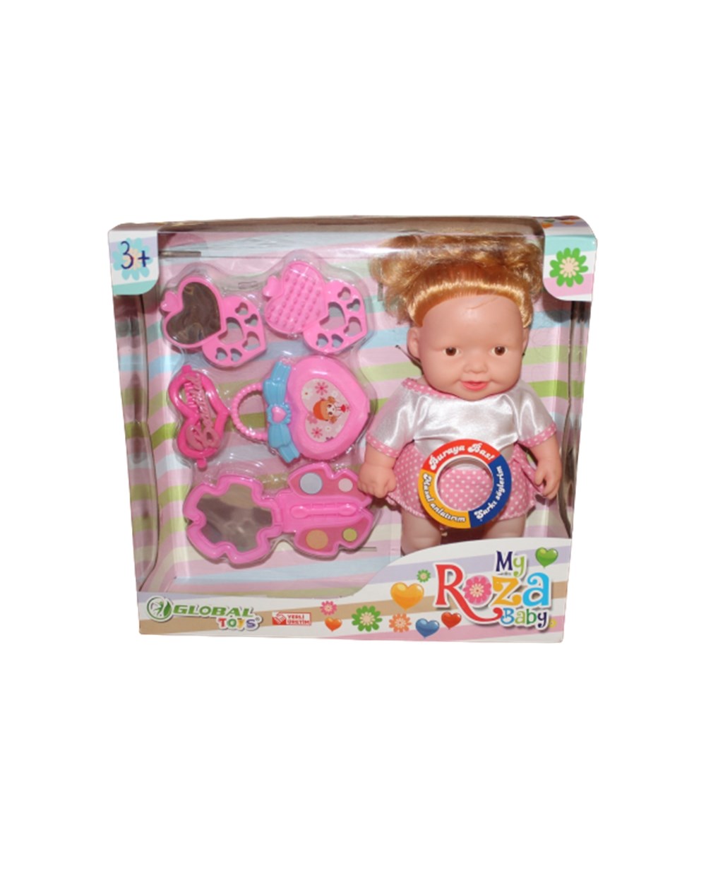 Et Bebekler, Global Toys, My Roza Baby Sesli Aksesuarlı Bebek 00484 Pembe Puantiyeli