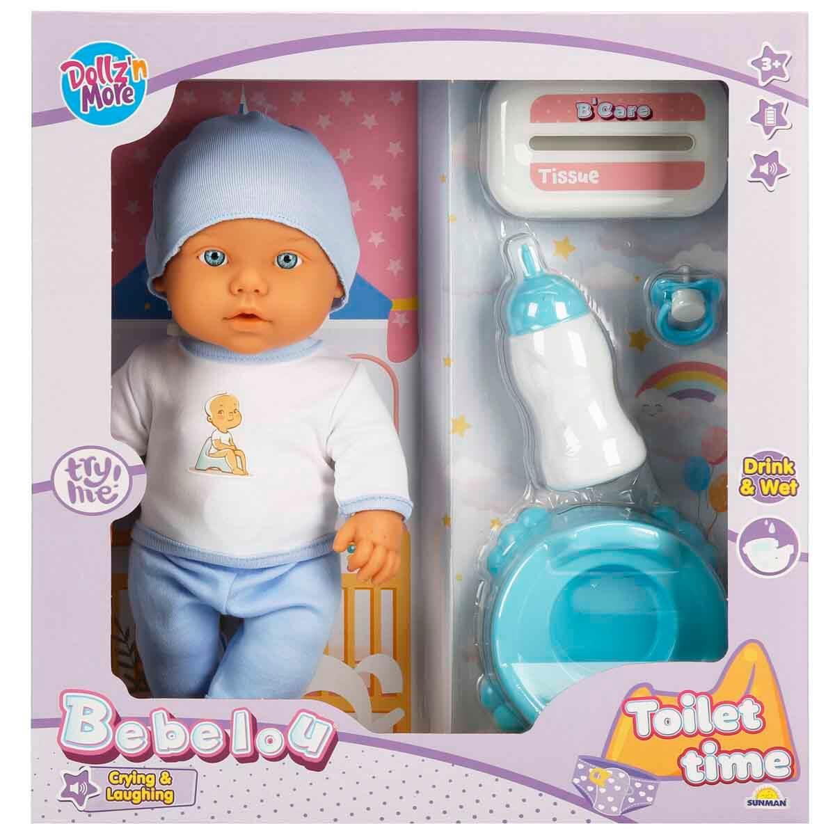 Et Bebekler, Sunman, Sesli Bebelou Tuvalet Zamanı Bebek Seti 32 cm 30758 Mavi