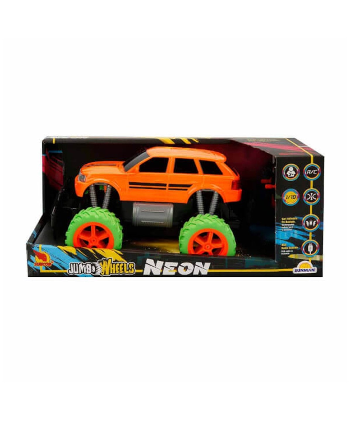 Kumandalı Arabalar, Sunman, Suncon 1:18 Uzaktan Kumandalı Neon Jumbo Weels USB Şarjlı Araba 26 cm 32961 Turuncu Jeep