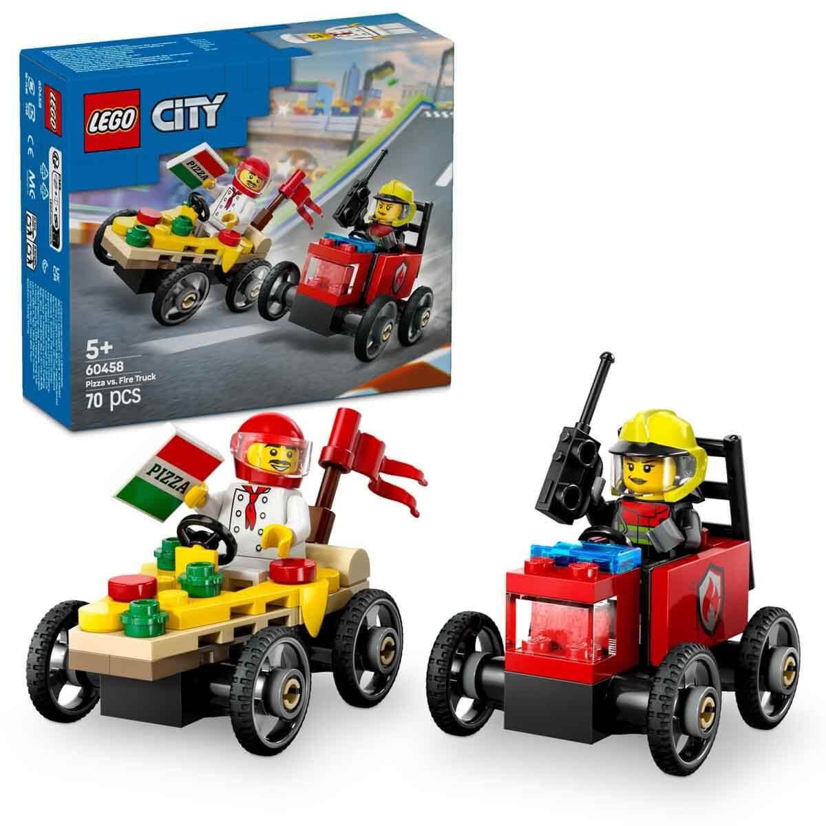 Lego Oyun Setleri, Lego, LEGO City Pizza Arabası İtfaiye Kamyonuna Karşı Yarış Arabası Paketi 60458