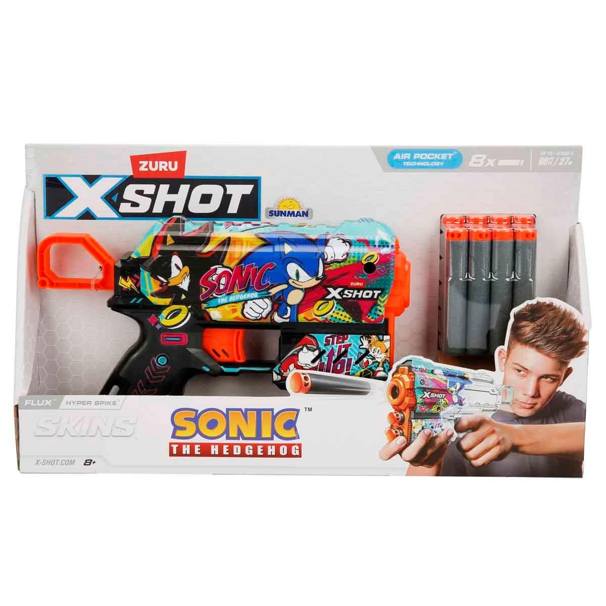 Oyuncak Silahlar, Sunman, X-Shot Skins Flux Sonic The Hedgehog 8 Mermili Sünger Dart Atan Silah 21 cm 57952 Hyper Spike