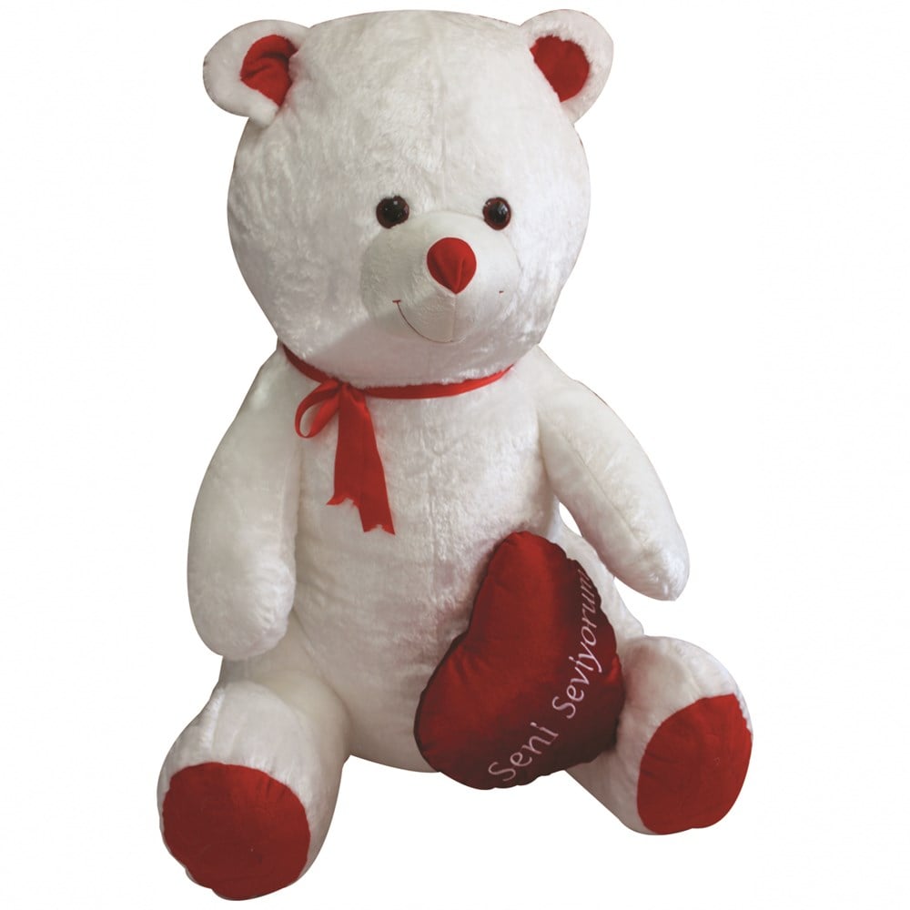 Peluş Hayvanlar, Halley, Peluş Ayı Beyaz 100cm Kalp Yastıklı