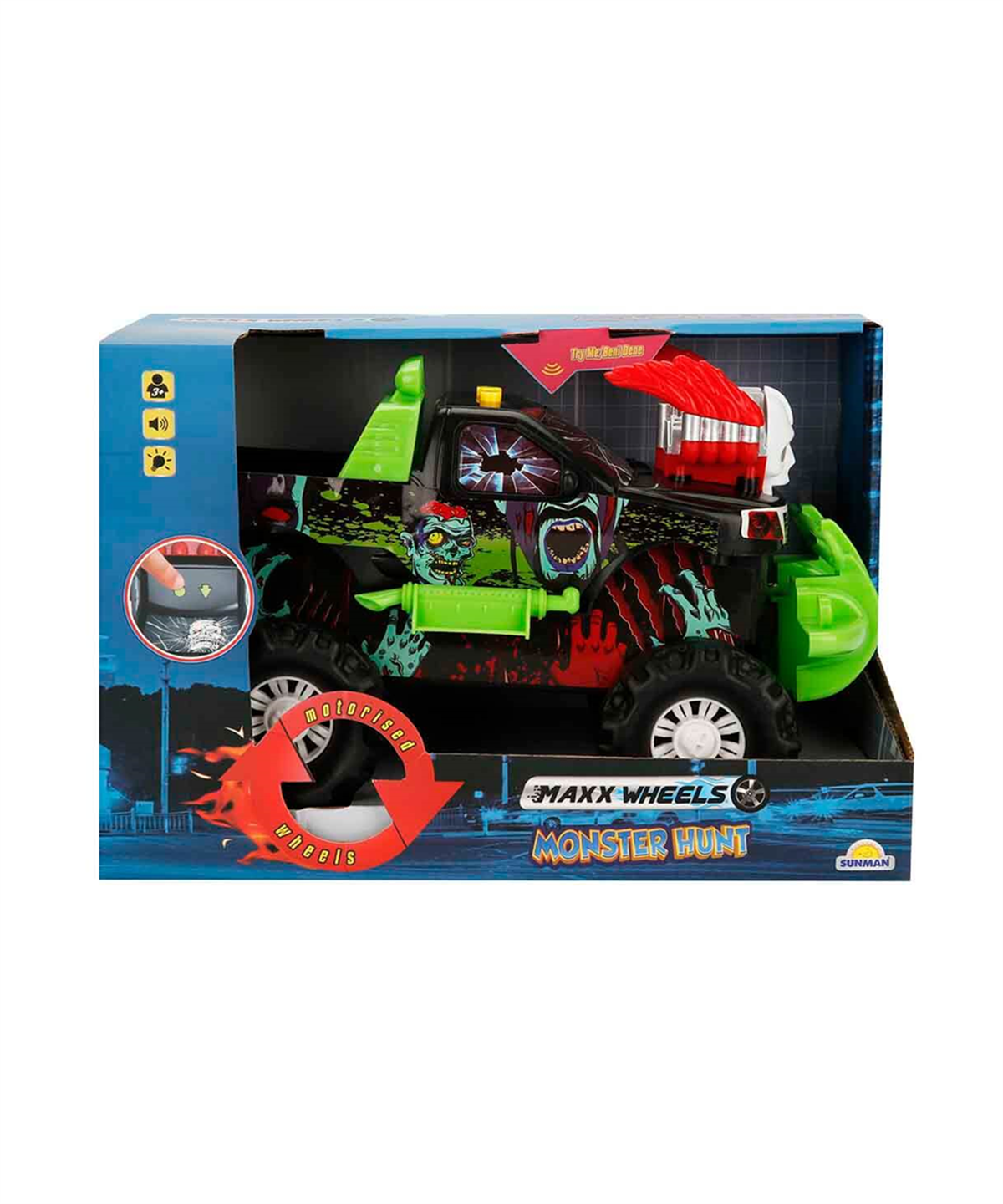 Sesli Işıklı Araçlar, Sunman, Maxx Wheels Monster Hunt Sesli ve Işıklı Motorize Araba 30 cm 29510 Yeşil