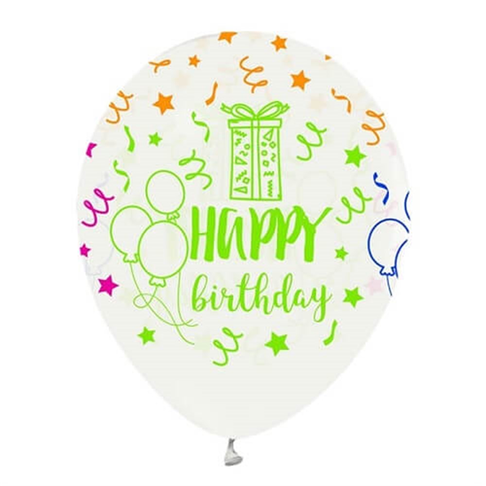 Baskılı Latex BalonlarHappy Birthday Renkli Baskılı Beyaz Lateks Balon 10'lu PaketBALONEVİ