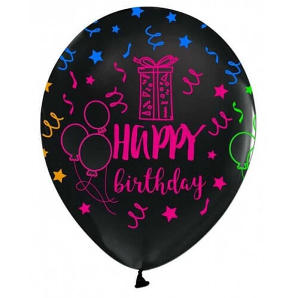Baskılı Latex BalonlarHappy Birthday Renkli Baskılı Siyah Lateks Balon 10'lu PaketBALONEVİ