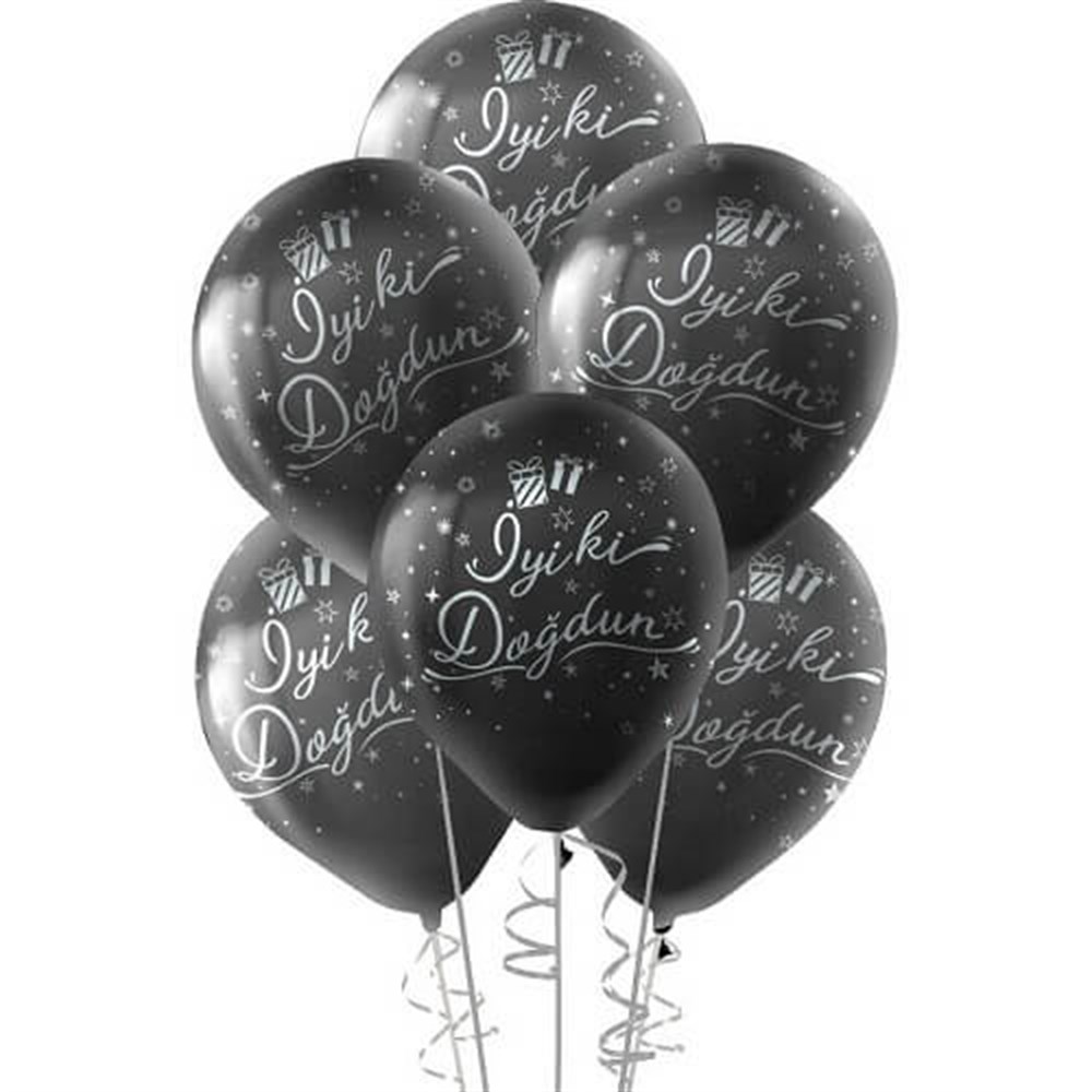 Baskılı Latex Balonlarİyi ki Doğdun Gümüş Baskılı Siyah Lateks Balon 10'lu PaketBALONEVİ