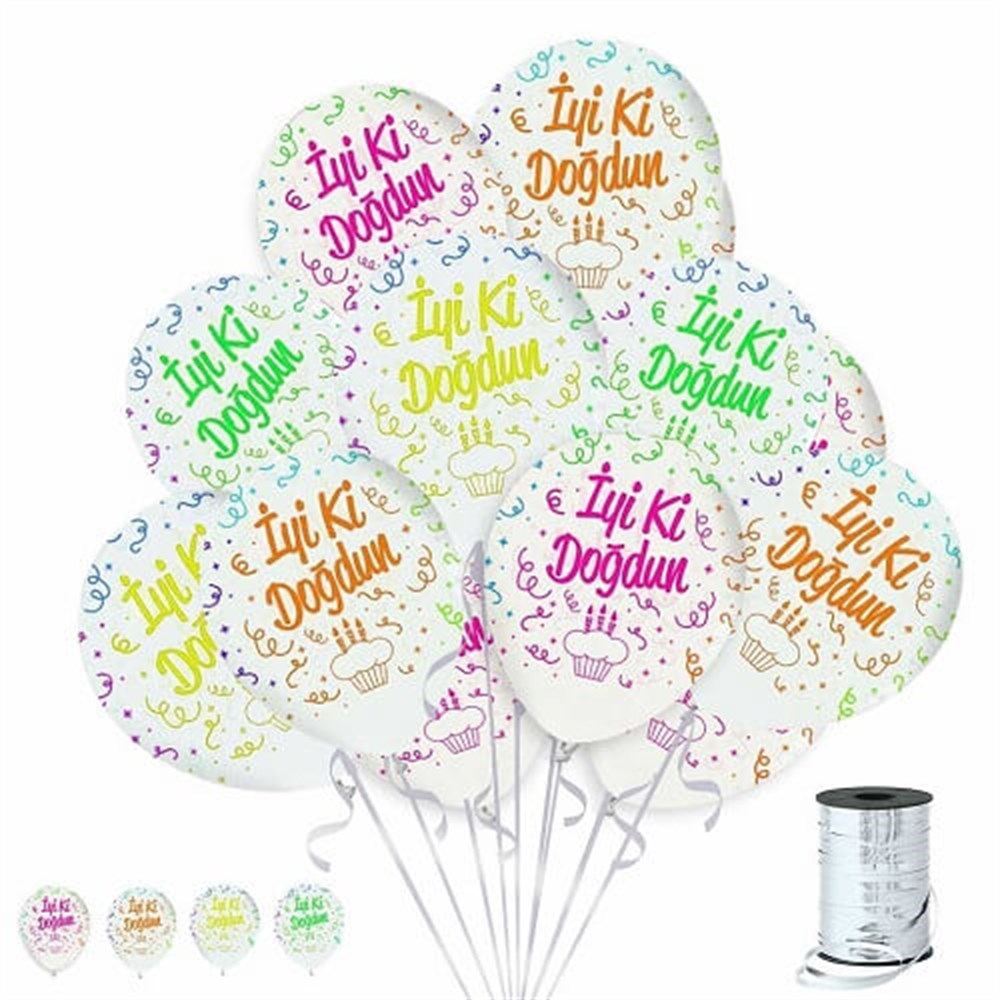 Baskılı Latex Balonlarİyi ki Doğdun Renkli Baskılı Beyaz Lateks Balon 10'lu PaketBALONEVİ
