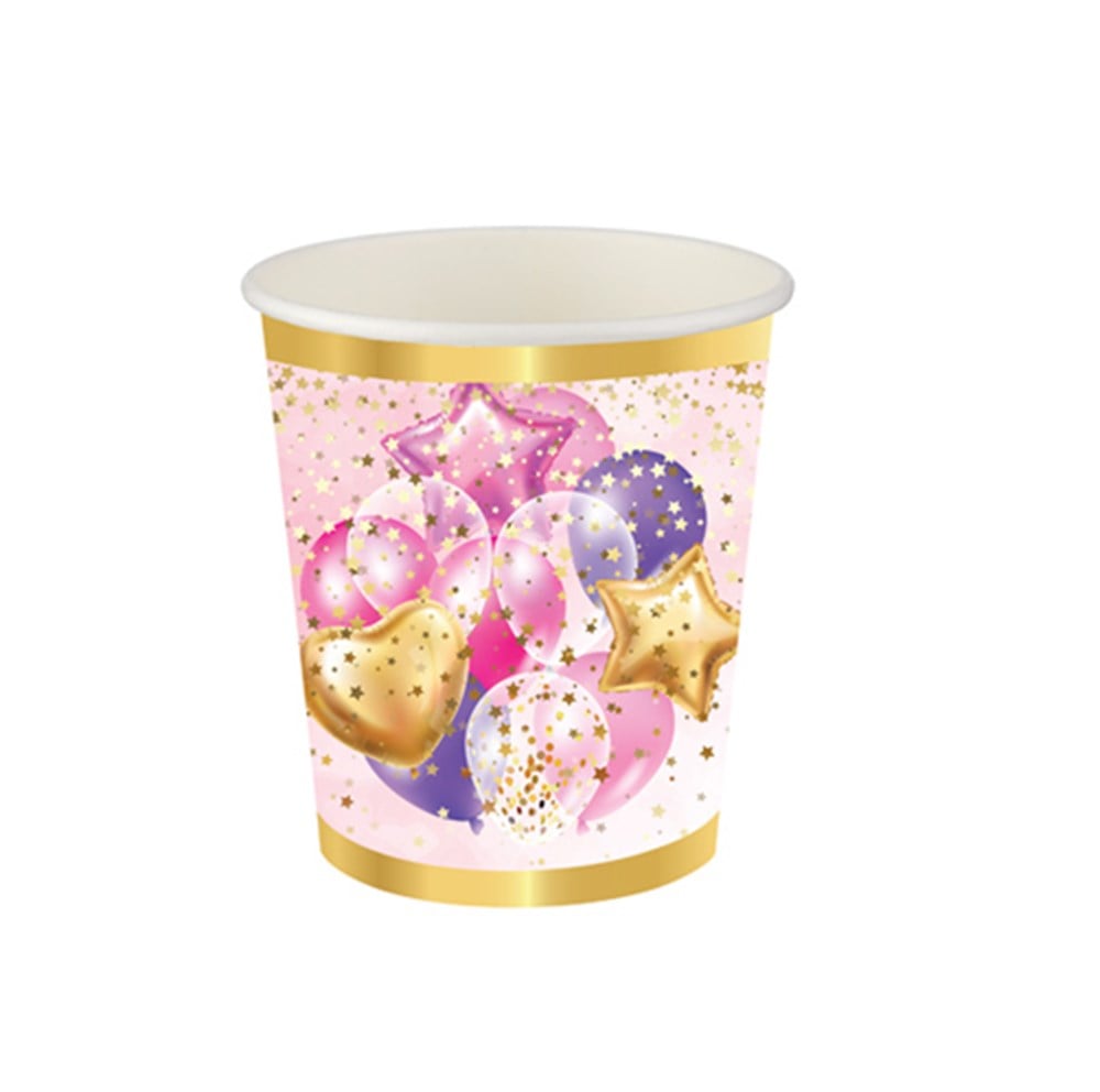 Roll-Up Karton Bardak Uçan Balonlar PembeDüz Renk Karton Bardaklar