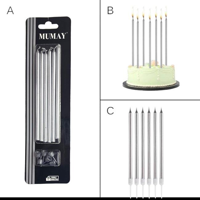 Dekoratif ve Pasta MumlarıÇubuk Pasta Mumu Silver Gümüş 15 cm 6 AdetİTHAL