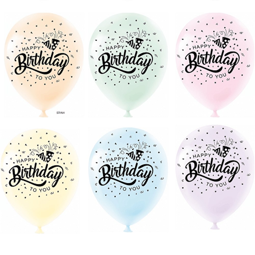 Baskılı Latex BalonlarHappy Birthday Baskılı Karışık Makaron Balon 10 'lu PaketYerli Üretim
