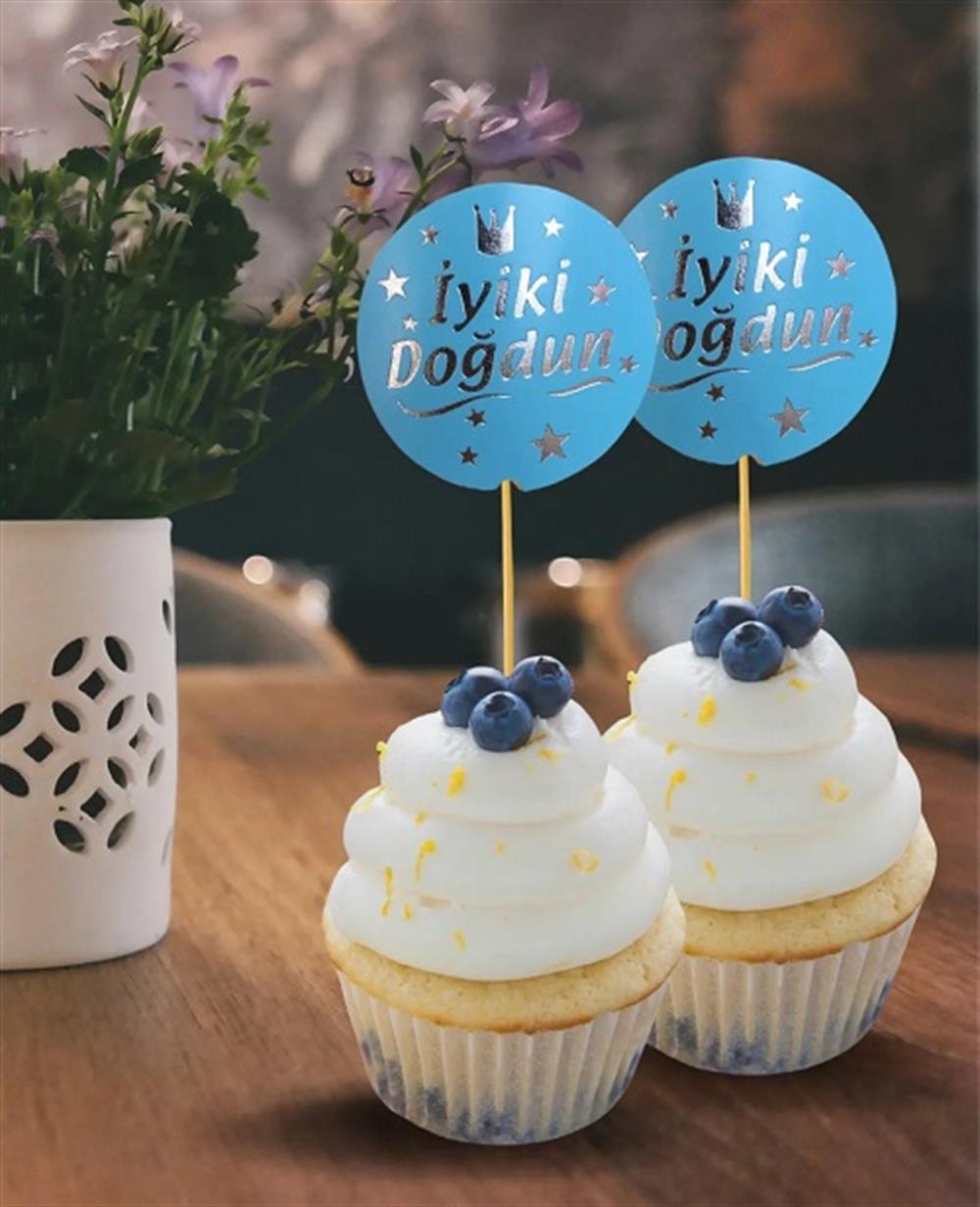 Kürdan Çeşitleriİyi Ki Doğdun Mavi Gümüş Yaldızlı Parti Cupcake Kürdan 20 AdetYerli Üretim