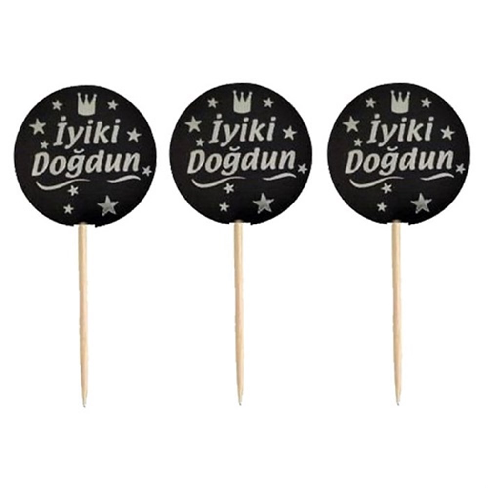 Kürdan Çeşitleriİyi Ki Doğdun Siyah Yaldızlı Gold Parti Cupcake Kürdan 20'liYerli Üretim