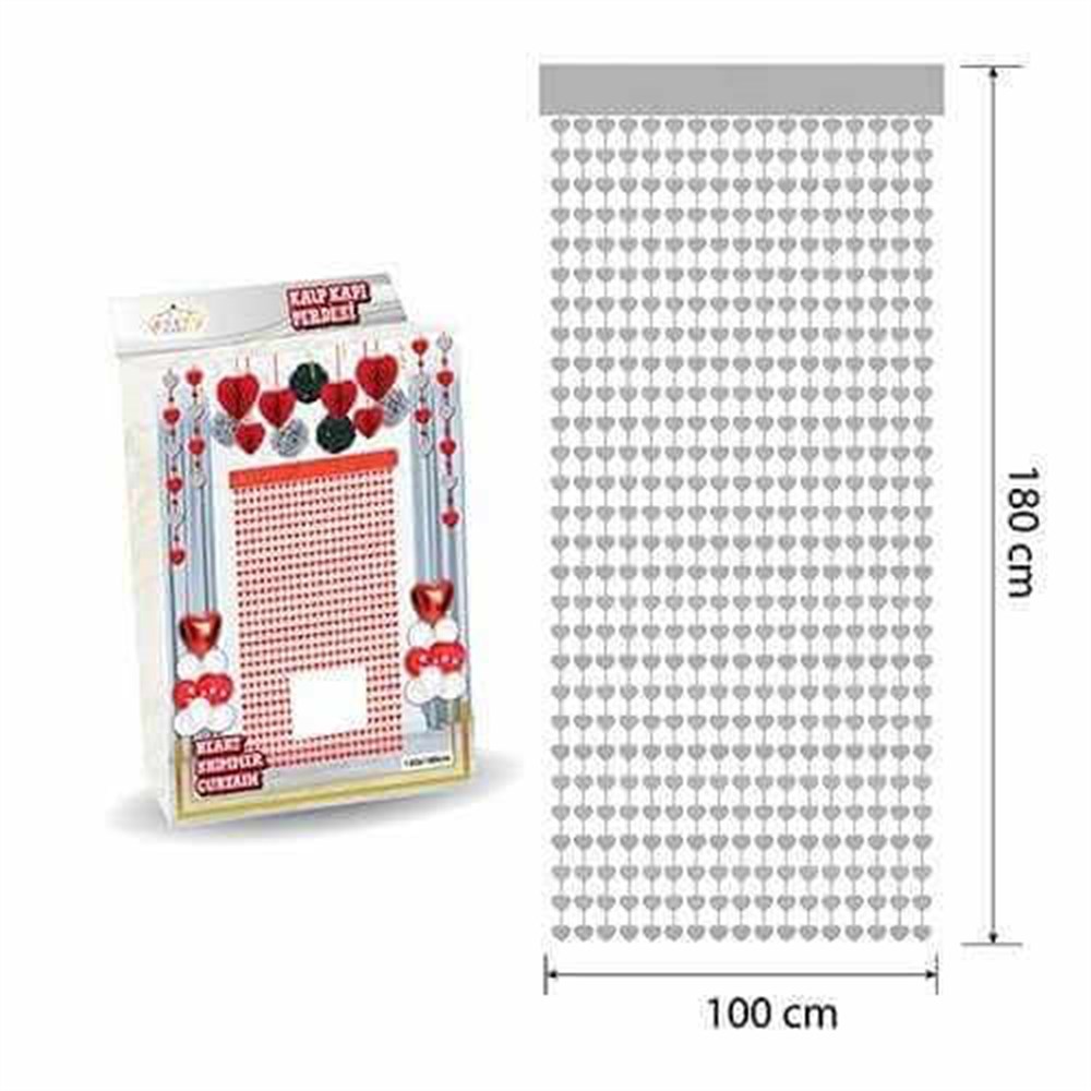 Kapı Perdesi Arka FonlarMetalize Kalp Arka Fon Kapı Perdesi 100x180cm GümüşYERLİ ÜRETİM