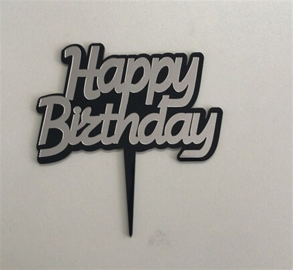 Pleksi Harf Rakam ve YazılarPasta Üstü Pleksi Happy Birthday Siyah Üstü Gümüş YazısıYerli Üretim