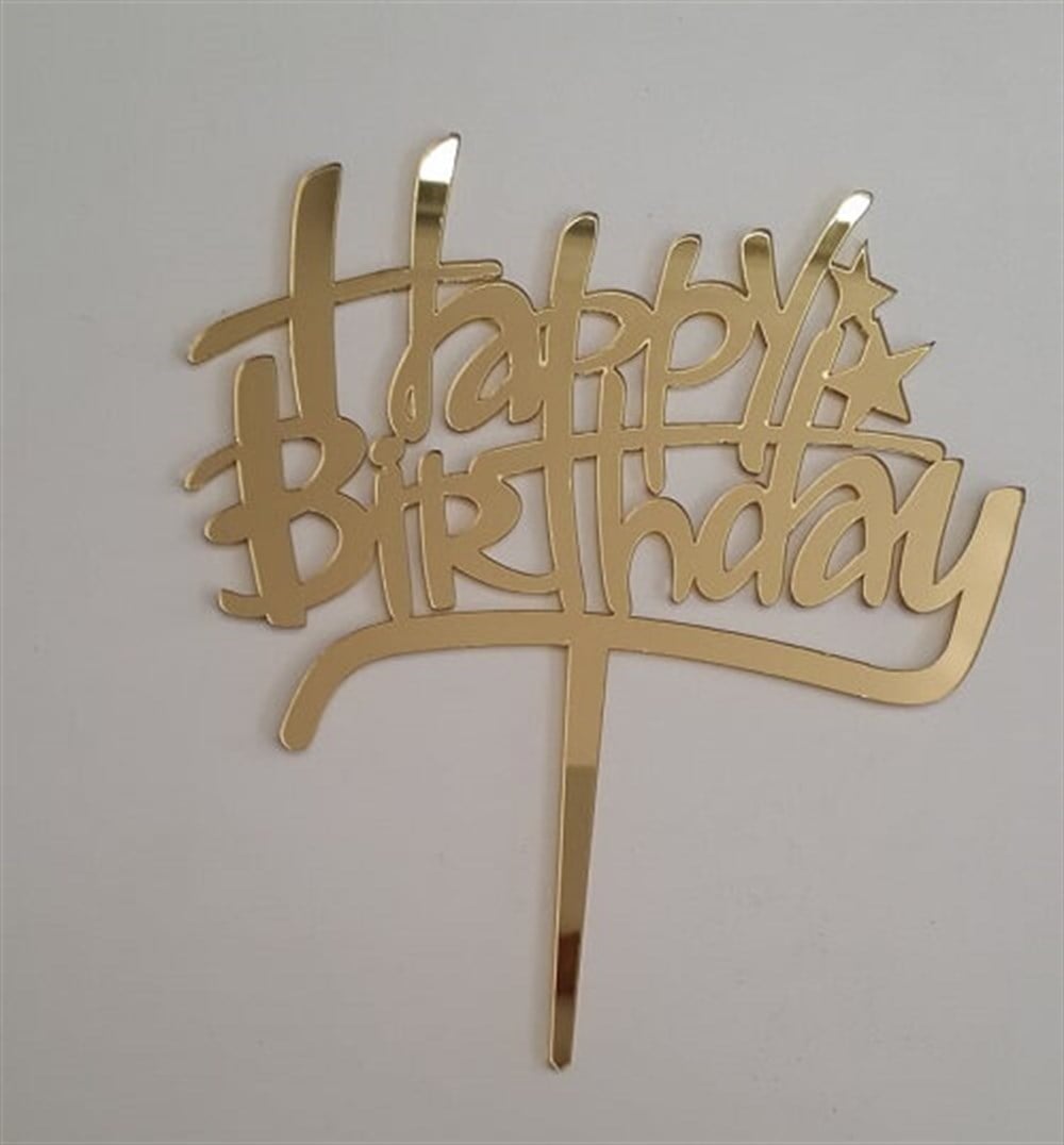 Pleksi Harf Rakam ve YazılarPasta Üstüne Pleksi El Yazısı Yıldız Şekilli Happy Birthday Gold YazıYerli Üretim