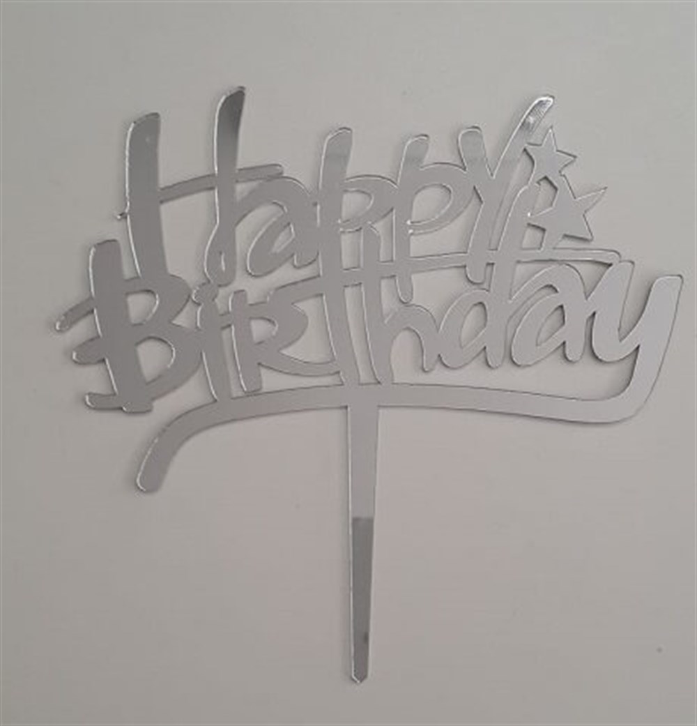 Pleksi Harf Rakam ve YazılarPasta Üstüne Pleksi El Yazısı Yıldız Şekilli Happy Birthday Gümüş YazıYerli Üretim