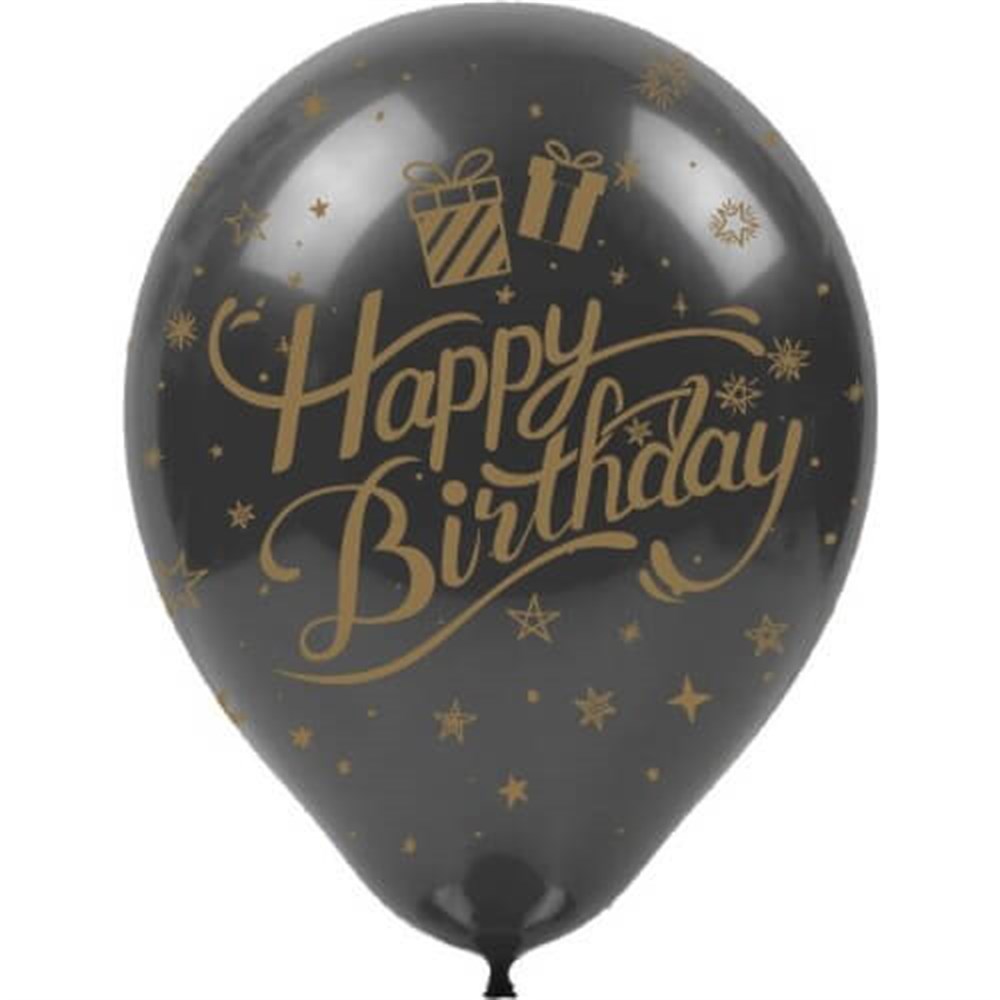 Baskılı Latex BalonlarHappy Birthday Gold Baskılı Siyah Lateks Balon 10'lu PaketBALONEVİ