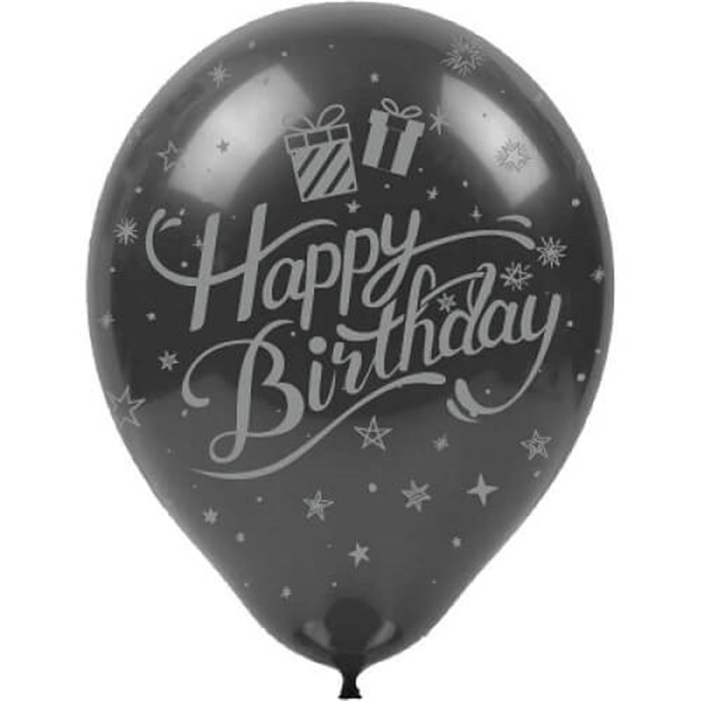 Baskılı Latex BalonlarHappy Birthday Gümüş Baskılı Siyah Lateks Balon 10'lu PaketBALONEVİ