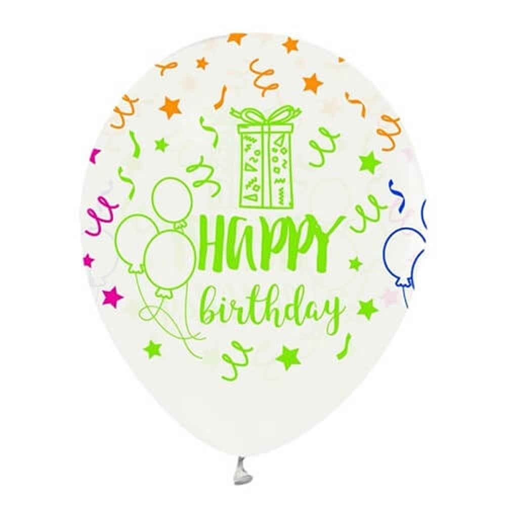 Baskılı Latex BalonlarHappy Birthday Renkli Baskılı Beyaz Lateks Balon 10'lu PaketBALONEVİ