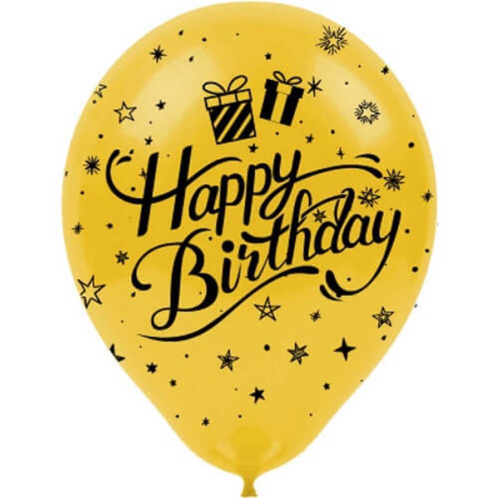 Baskılı Latex BalonlarHappy Birthday Siyah Baskılı Gold Lateks Balon 100'lü PaketBALONEVİ