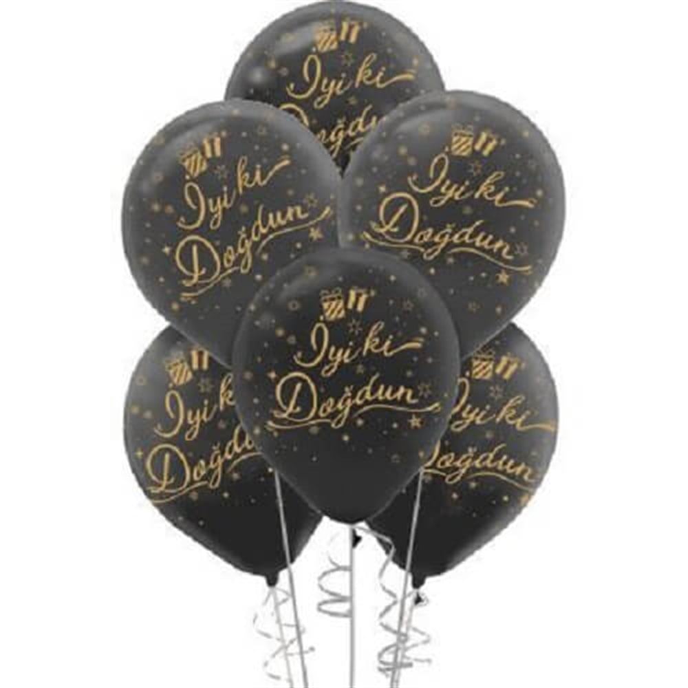 Baskılı Latex Balonlarİyi ki Doğdun Gold Baskılı Siyah Lateks Balon 10'lu PaketBALONEVİ