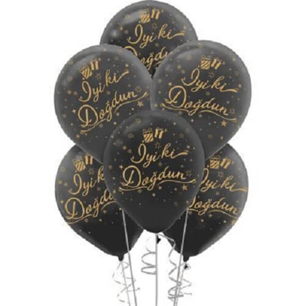 Baskılı Latex Balonlarİyi ki Doğdun Gold Baskılı Siyah Lateks Balon 100'lü PaketBALONEVİ