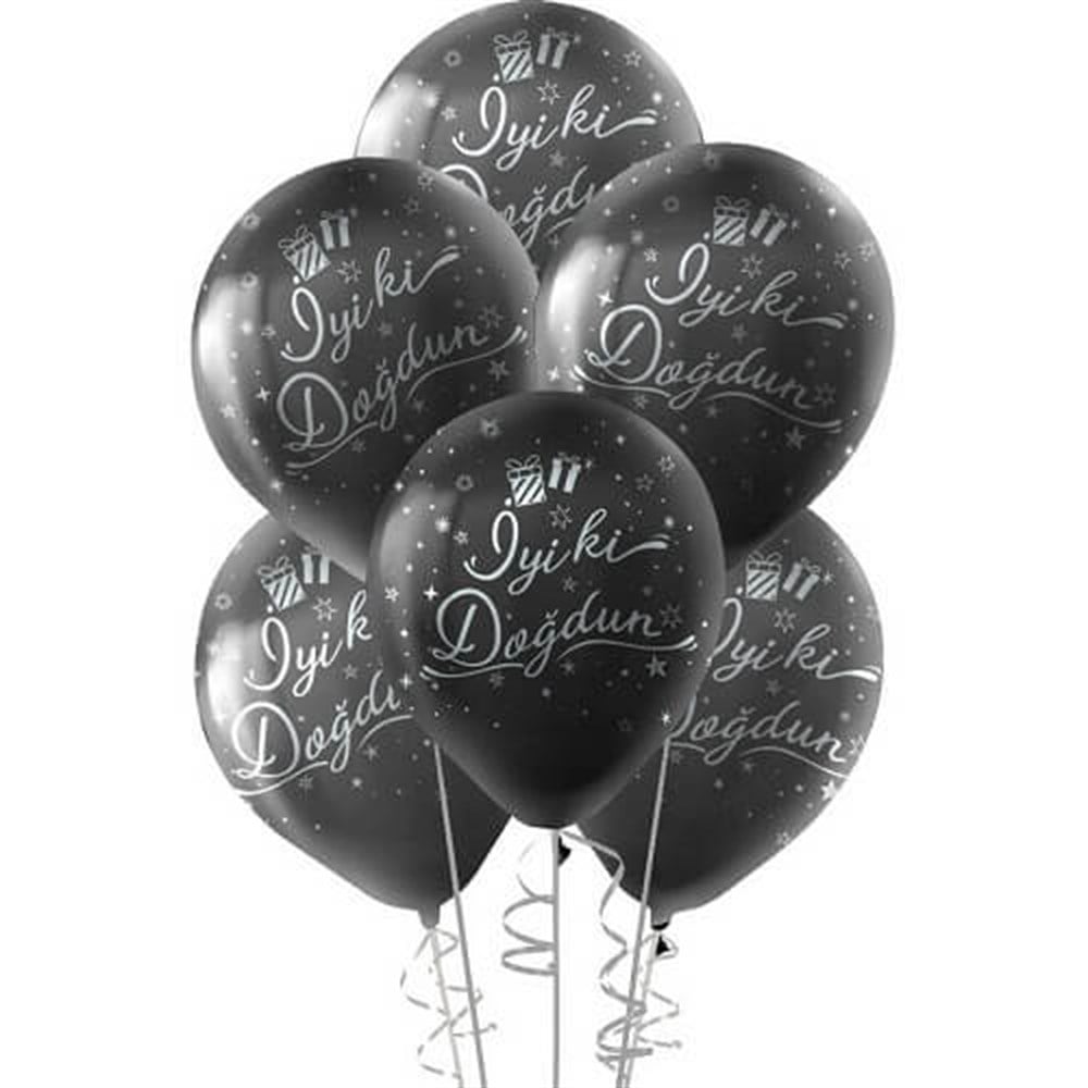 Baskılı Latex Balonlarİyi ki Doğdun Gümüş Baskılı Siyah Lateks Balon 10'lu PaketBALONEVİ