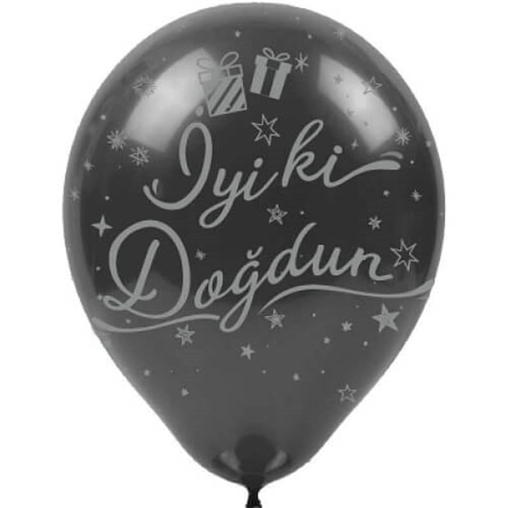 Baskılı Latex Balonlarİyi ki Doğdun Gümüş Baskılı Siyah Lateks Balon 100'lü PaketBALONEVİ