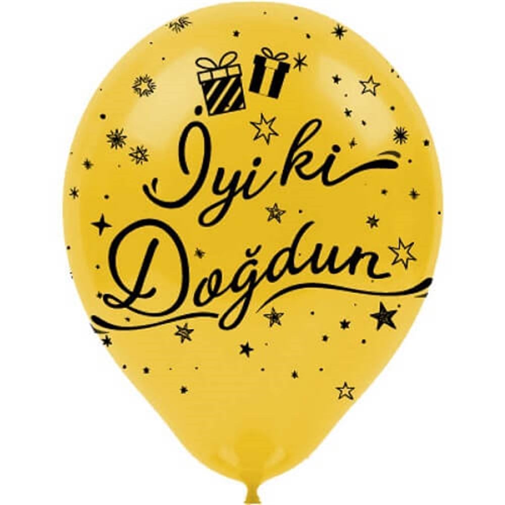 Baskılı Latex Balonlarİyi ki Doğdun Siyah Baskılı Gold Lateks Balon 10'lu PaketBALONEVİ